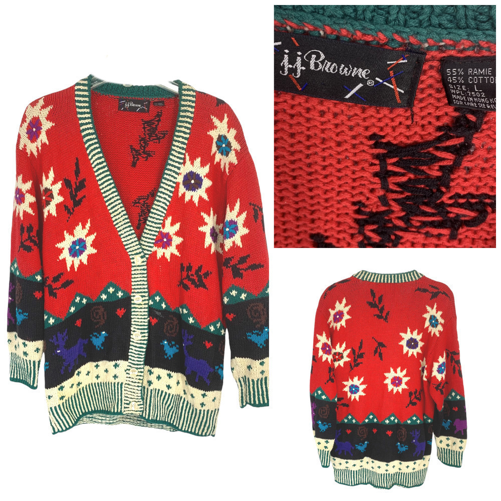 Vintage 1980's JJ Browne Sz L Southwestern Intarsia Knit Chunky Cardigan Sweater